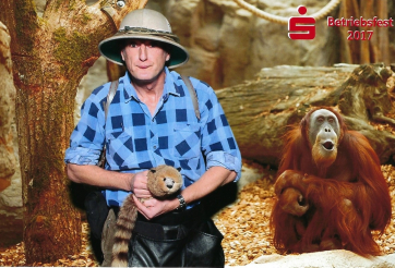 Tropical explorer with raccoon.