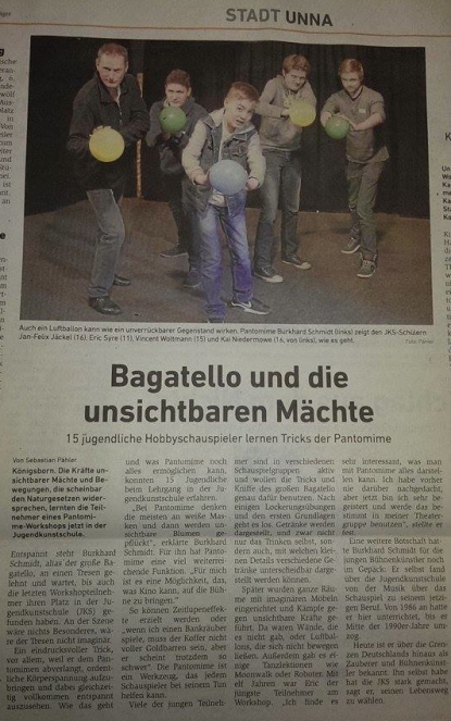 Pantomime Seminar mit Bagatello in der Jugendkunstschule Unna.